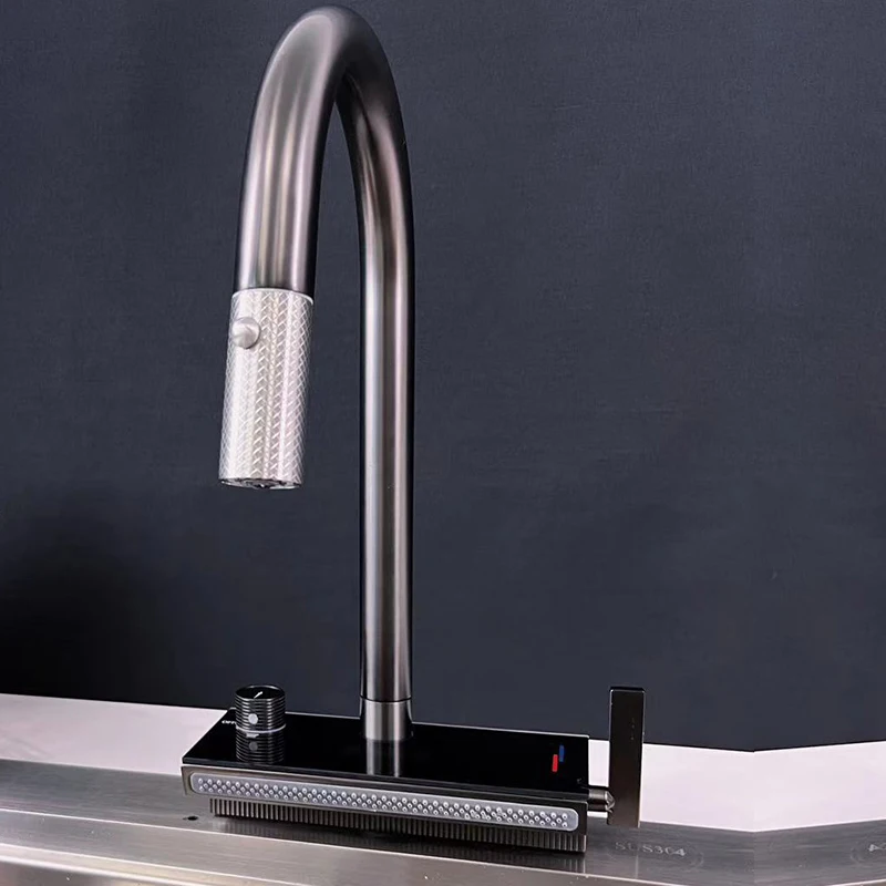 

Luxury Digital Kitchen Mixer Tap Single Hole Modern 3 Way Pull Out Flexible Gourmet Brass Waterfall Kitchen Sink Faucet