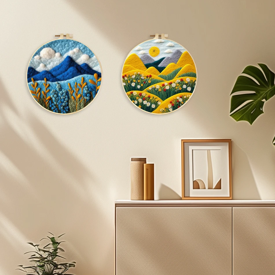 

RUOPOTY Wool Felt Painting Kit Mountain flower scenery Diy Craft Package Adult Felt Tool Instruction Included Needlework felt