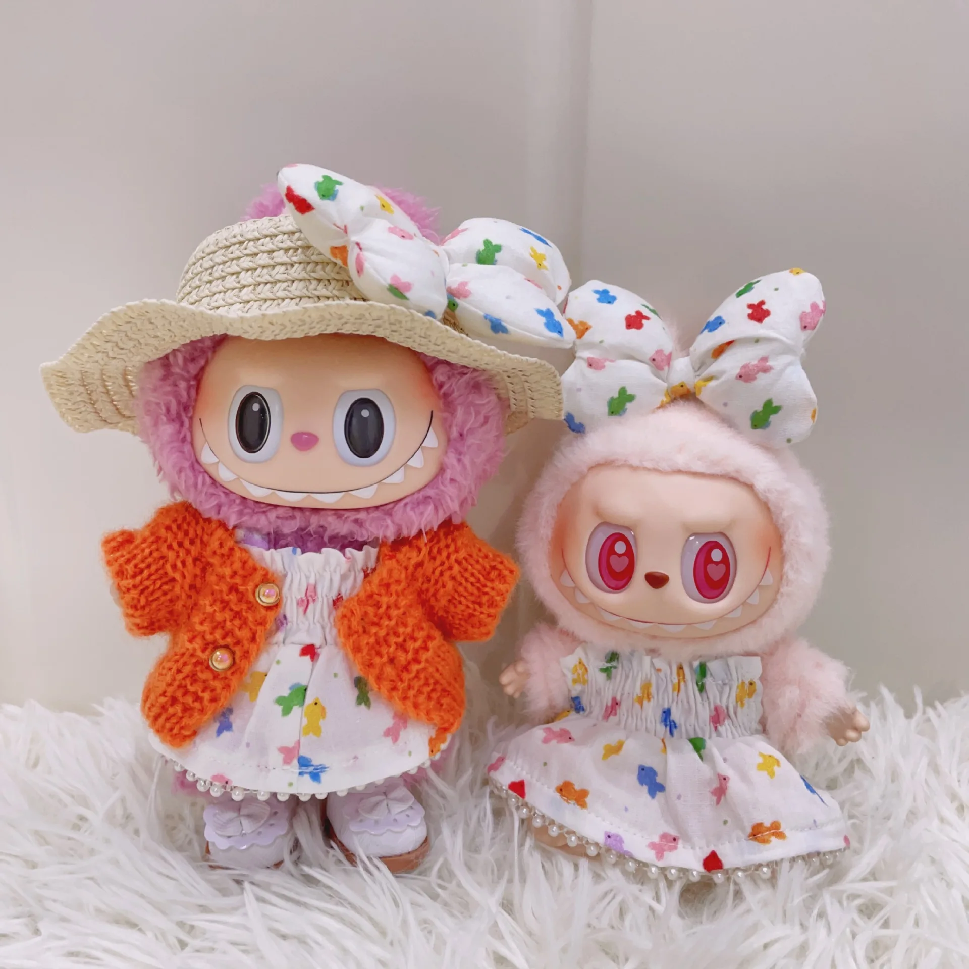 

Labubu Summer Dress Set with Straw Hat Polka Dot Outfit White Princess Shoes Green Cardigan Clothes for 1-3 Generation Labubu