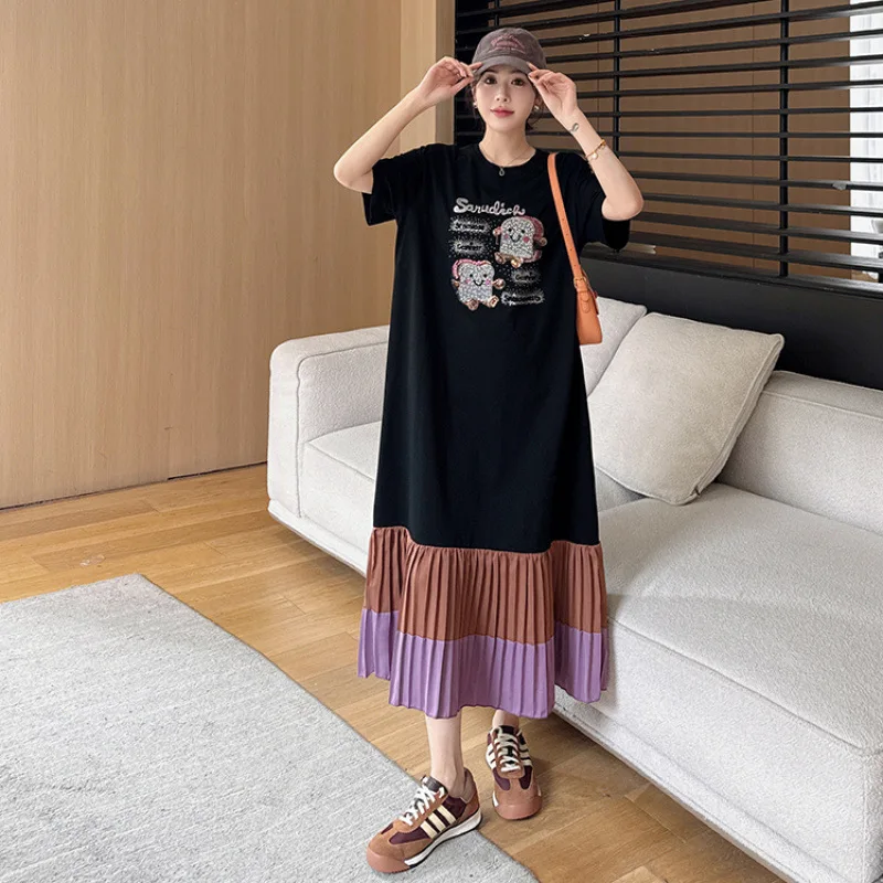 الصيف امرأة تي شيرت س الرقبة ميدي فستان Vestidos رداء Elbise فضفاض حجم كبير المرقعة مطوي هيم قصيرة الأكمام فساتين طويلة