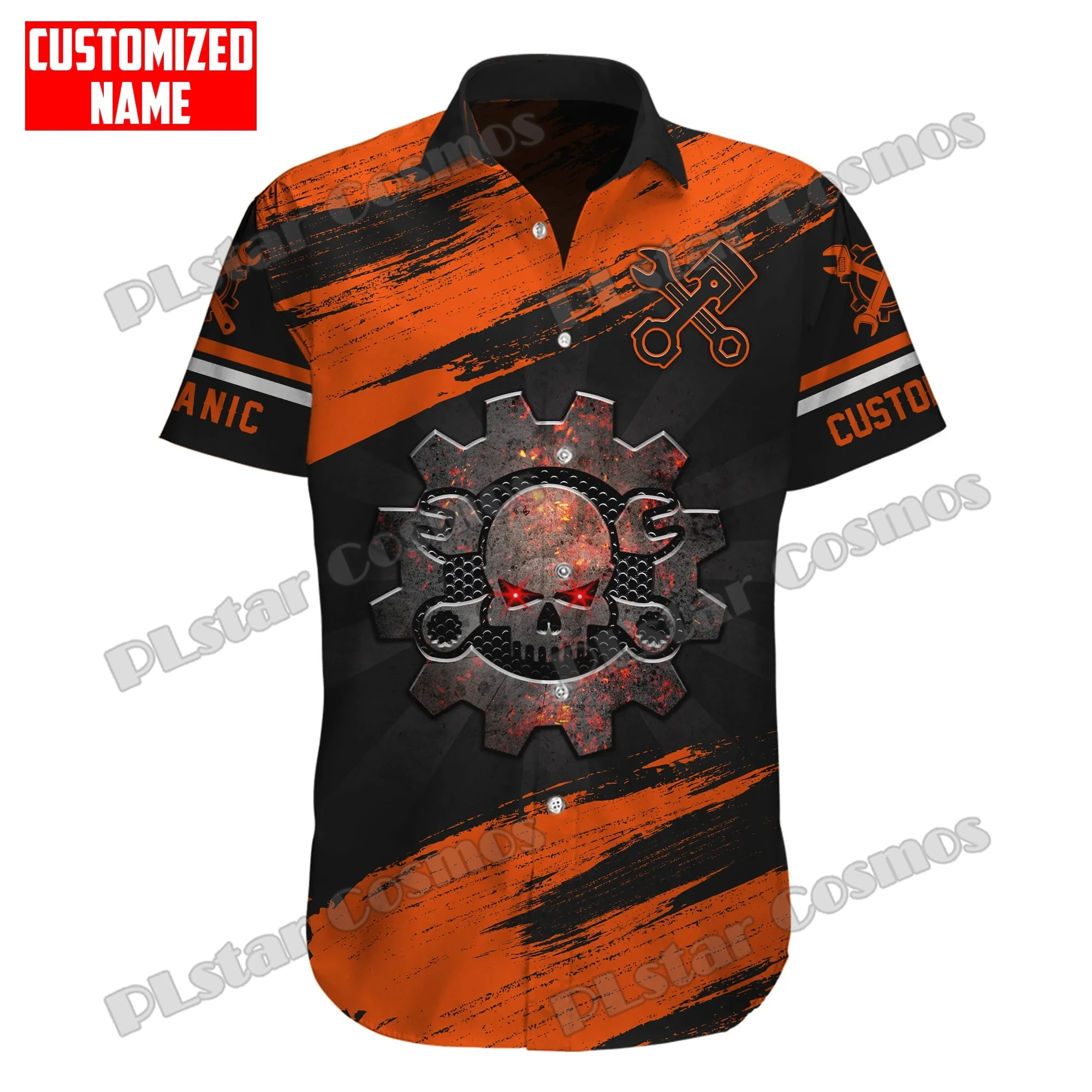 Personalized Name Auto Mechanic Skull 3D Printed Men's Hawaiian Shirt Summer Unisex Casual Beach Short sleeve button shirt SH08