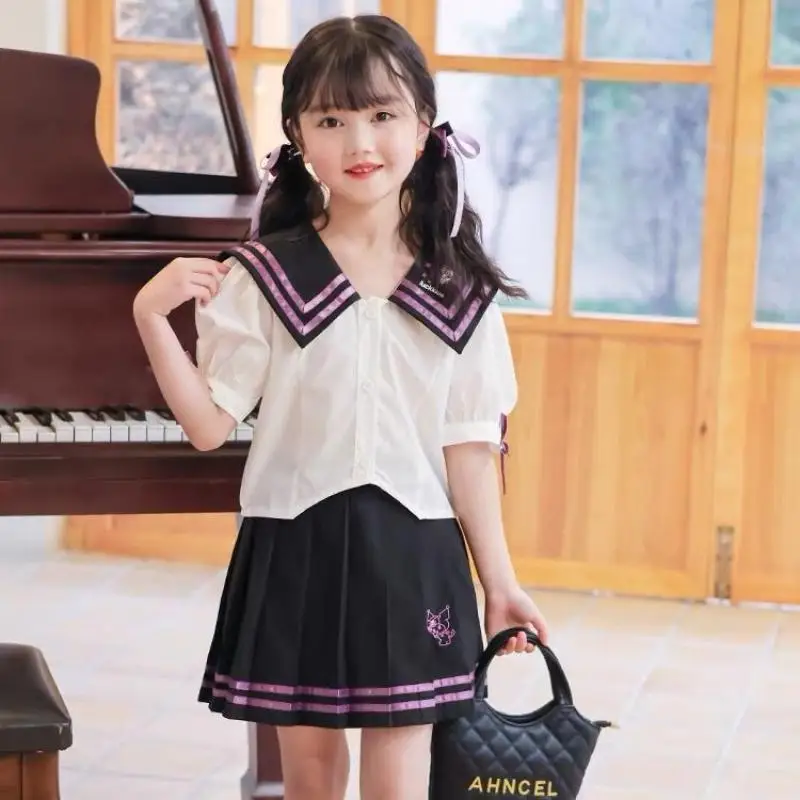 Kawaii Sanrioed Kuromi Kids Korte Mouw Pak Meisje Schattige Jk Uniform Geplooide Rok Preppy Mode Pak Zomer Kinderkleding