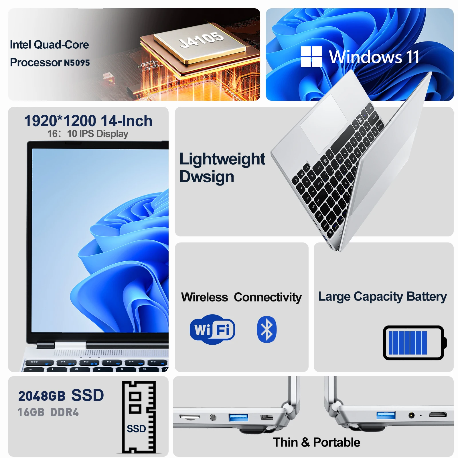 Laptop Intel Celeron N5095 Ultrabook 16GB RAM 1024GB SSD Notebook 1920*1200 Resolution Windows 11 Computer Office Study PC