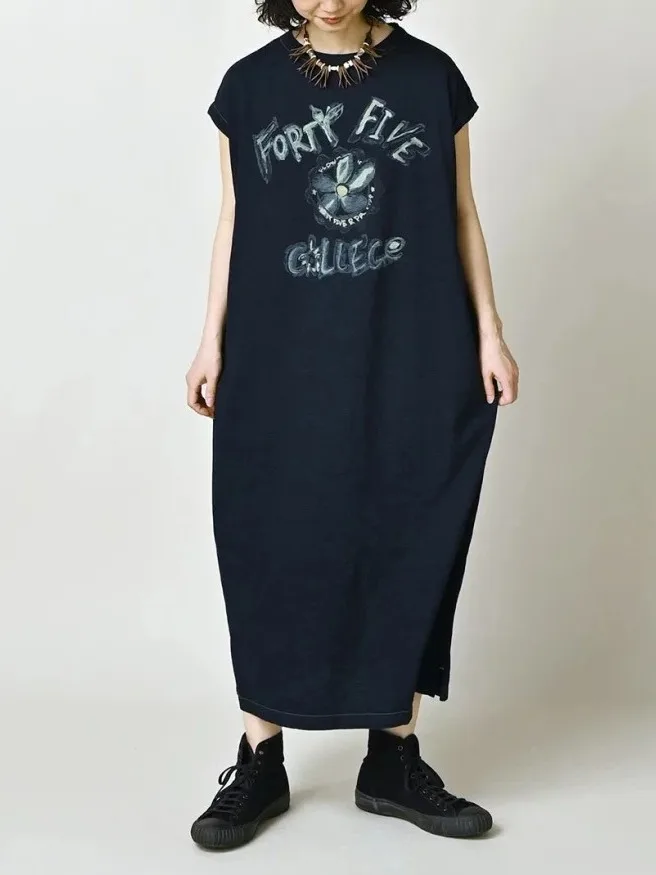 

Summer Casual Loose Long T-Shirt Dress Women's Lazy Style Knee-Length Cotton Printed Straight Tube Dress Japanese Fashion
