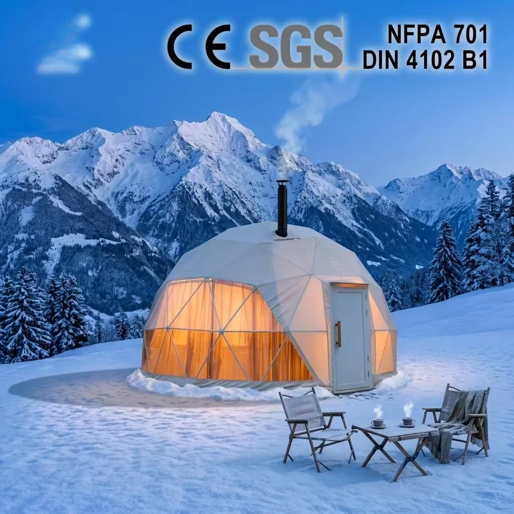 4 Season Insulated Geo Dome Tent 7m UV Resistant PVC Fabric Glass Window Mountain Resort House