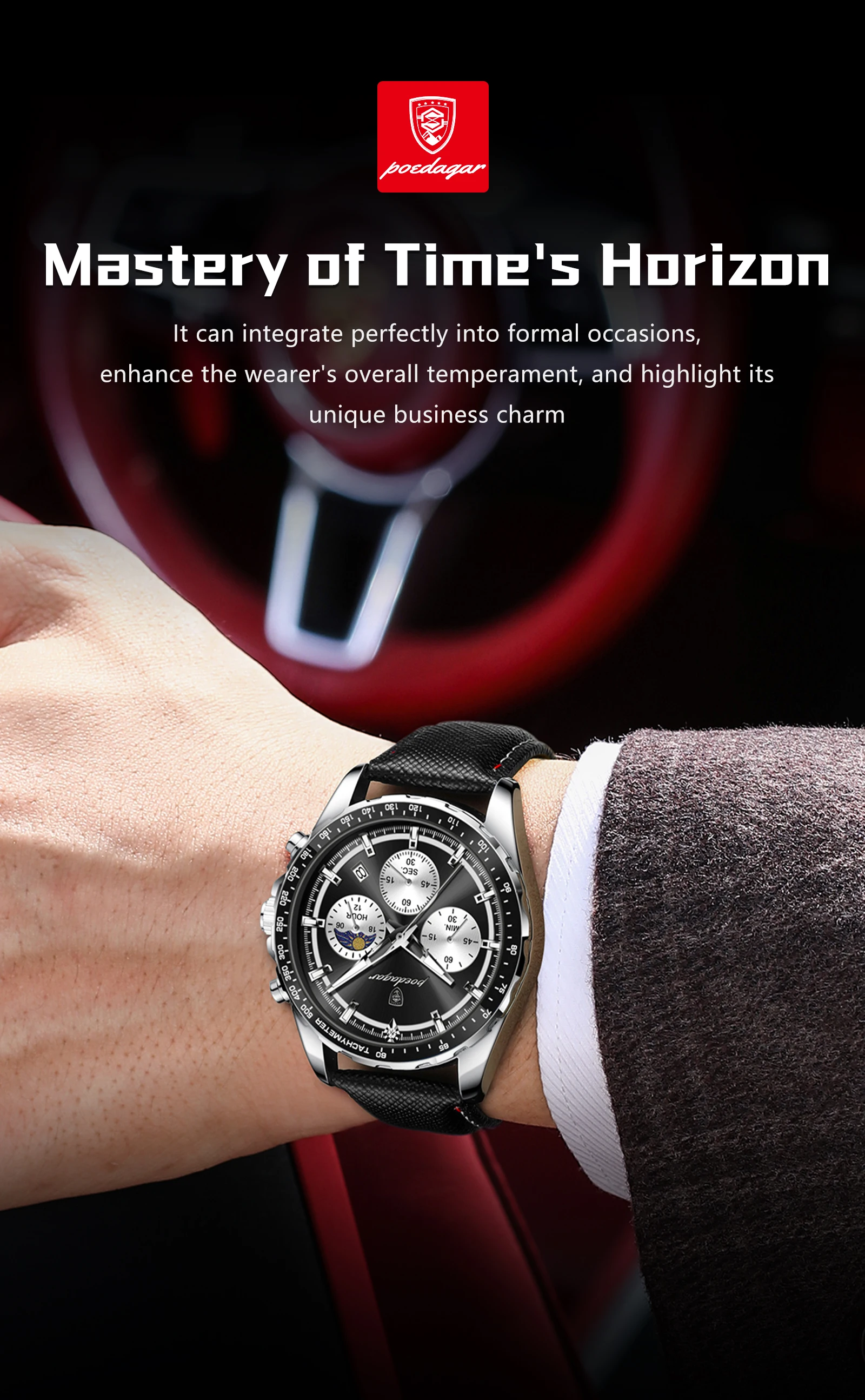 POEDAGAR Top Original Herrenuhren Leuchtend Wasserdicht Modische Männeruhr Leder Chronograph Datum Quarz Sport Herren Armbanduhr – Detail 6