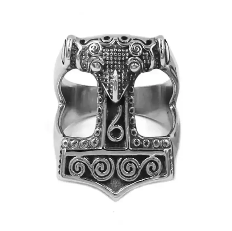 Tribal Symbol Myth Thor Hammer Ring Stainless Steel Norse Viking Rune Skull Biker Men Jewelry Gift SWR0758 view 4