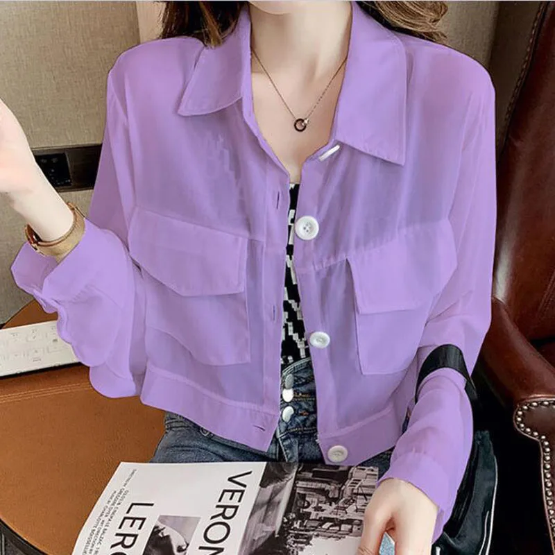 Thin Jacket Female 2022 Summer New Loose Short Chiffon Sunscreen Coat Women\'s Pocket Long-Sleeved Shirt Top Outerwear Tooling