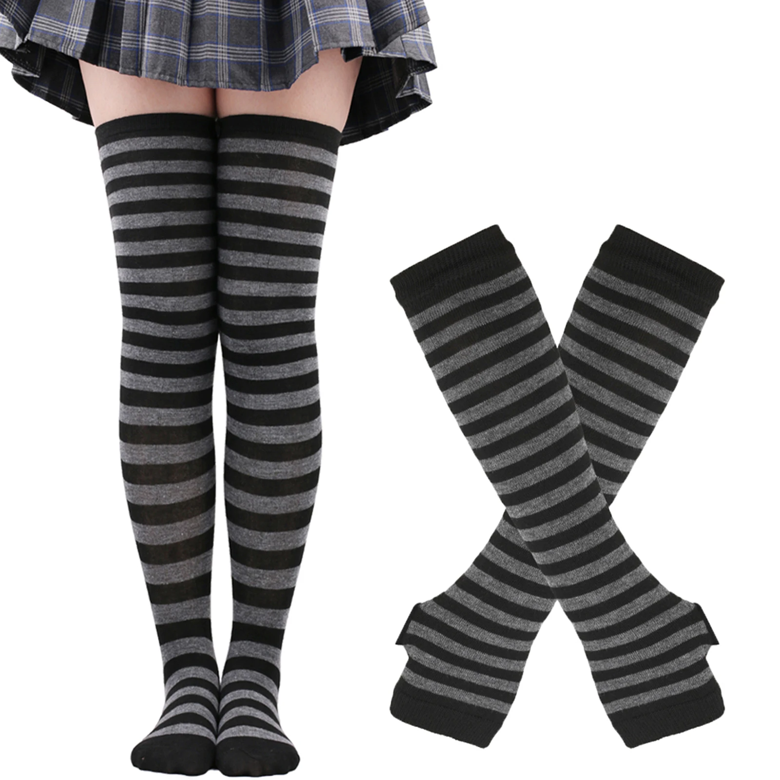 Women\'s Long Socks Fingerless Gloves Set Soild Color Striped Over Knee Thigh High Warm Stockings Lolita for Girls Teen Halloween