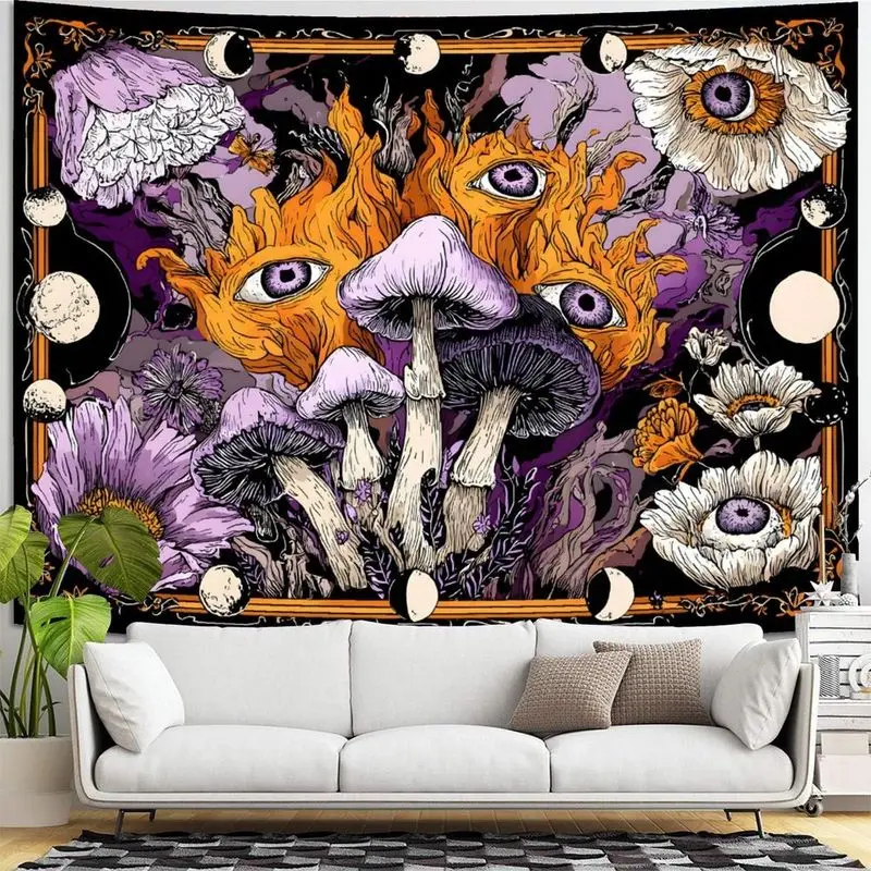 VIKAMA Moon Phase Purple Mushroom Eyeball Flowers Retro Tarot Tapestry Wall Hanging Home Decor for Bedroom Living Room Witch