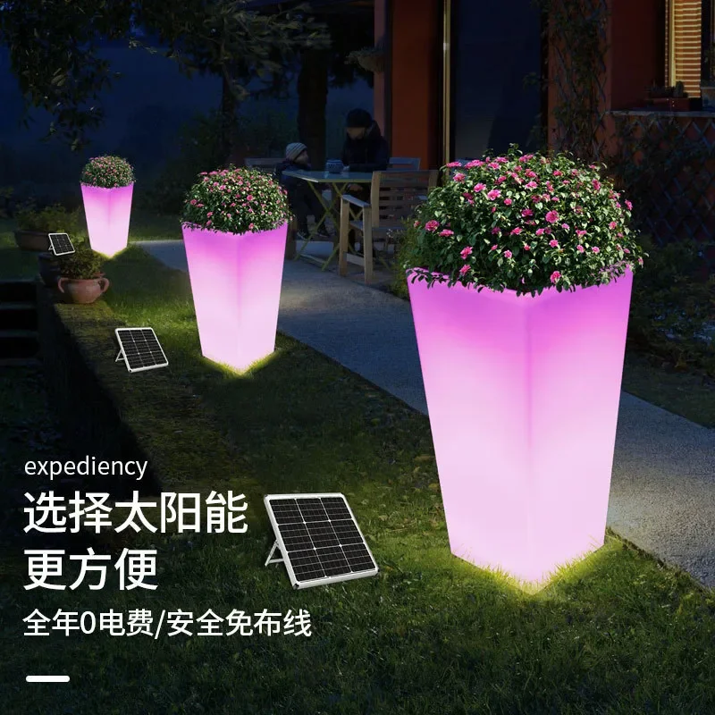 Solar LED Square Flower Pot Light Outdoor Garden Decorative Night Lamp Waterproof Planter with Glow for Patio Yard Bonsai