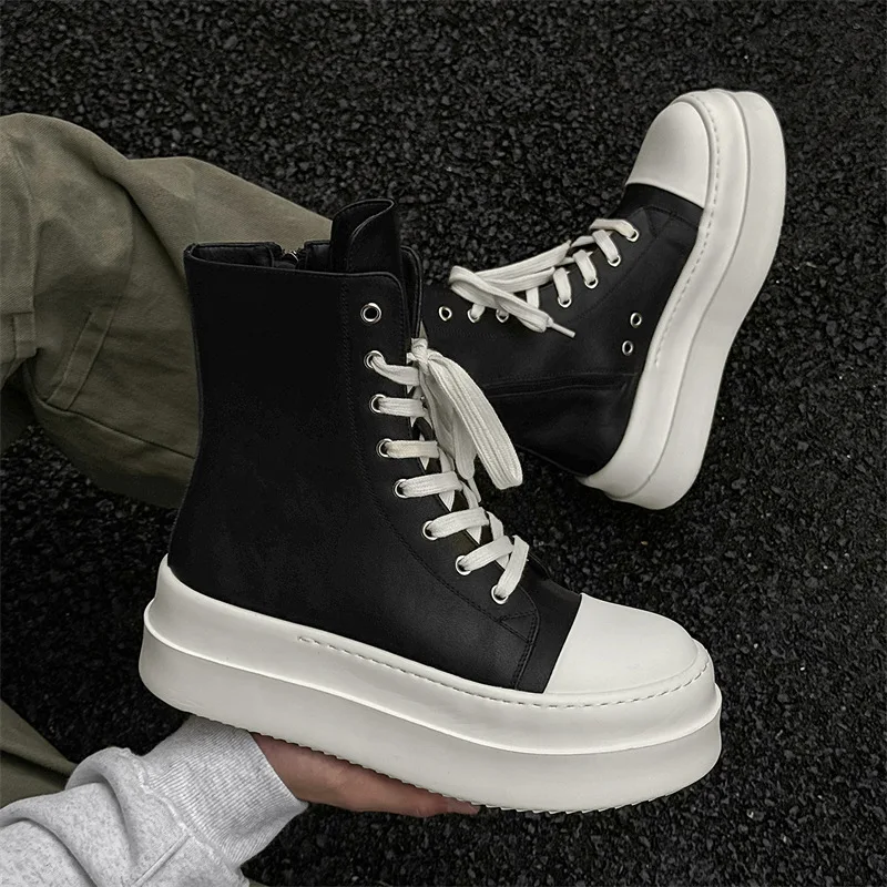 plus size men casual high platform boots black natural leather shoes hip hop rock dress cowboy boot cool long motorcycle botas