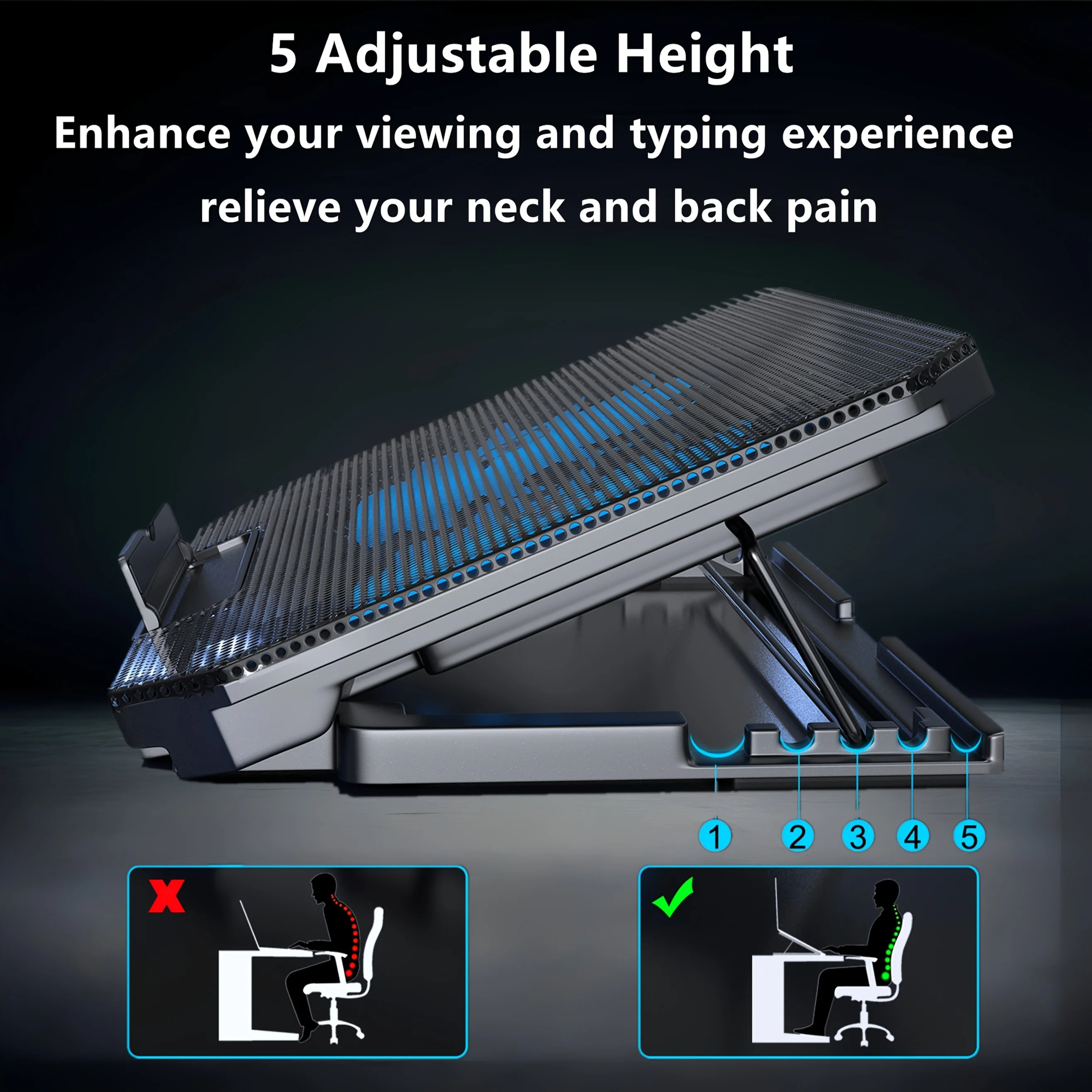 USB-Gaming-Laptop-Kühlpad mit verstellbarer Halterung – blaues LED-Lüfterdisplay, kompatibel mit 11-17-Zoll-Laptops, langlebige Struktur, geeignet für Hochleistungsspiele und mehrere Aufgaben, Notebook-Kühler, mehrfach verantwortliches Zubehör, robuste Struktur, ferngesteuertes Personal