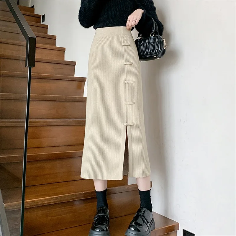 Style chinois tricoté jupes longues pull mince a-ligne hanche taille haute côté fente boutons décontracté bureau dame Streetwear jupes