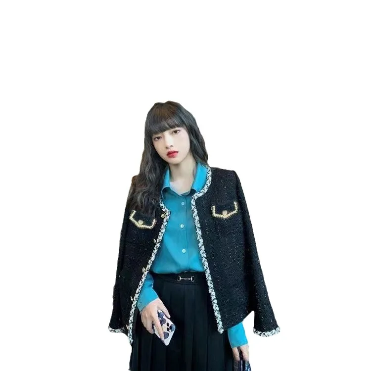 트위드 재킷 보석 버튼 여성용 여름 가벼운 린넨 실루엣 슬림핏 여성스러운 자수 빈티지 심플 여성