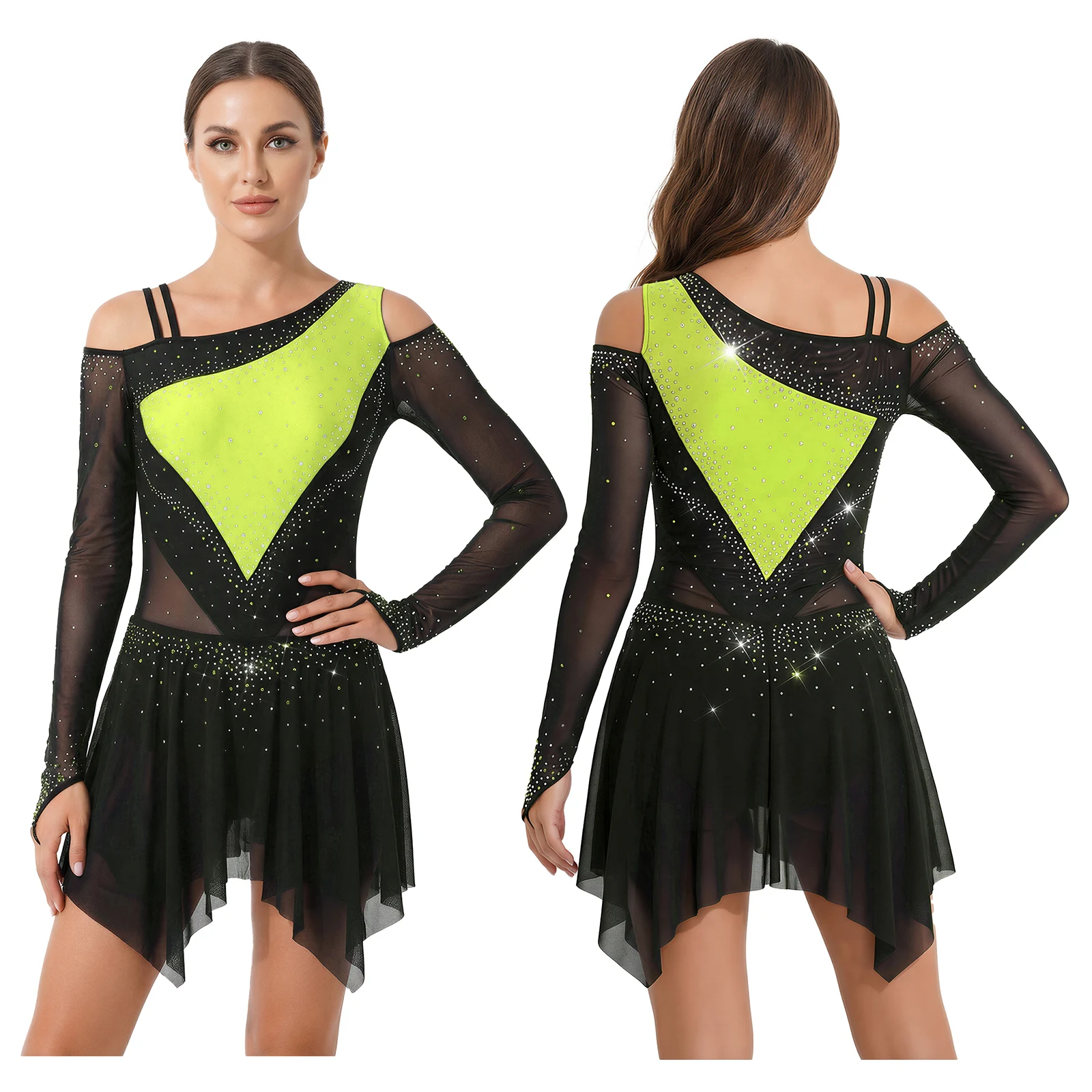 Professionele skatingkleding voor dames met lichaamscontouren, pasvorm en verstelbare functies, complete bodysuit met kleurblokken voor podiumshows