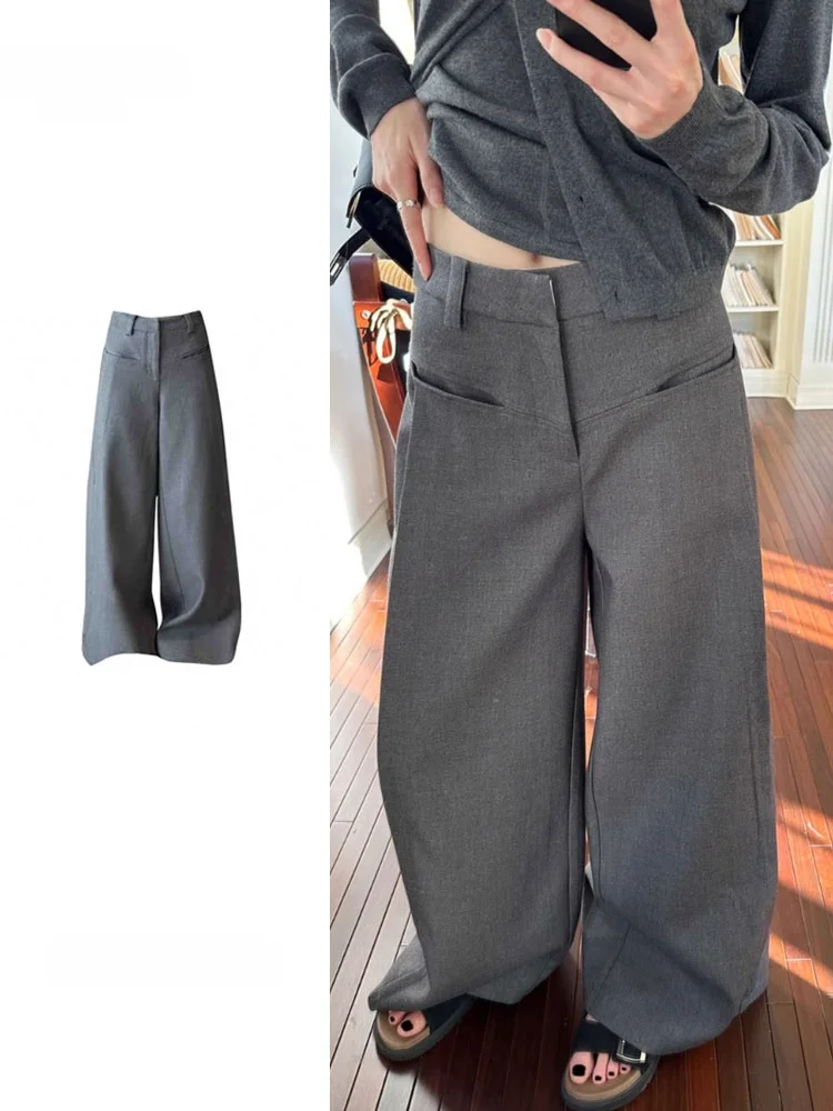 Gray American Retro Suit Pants for Women Loose Floor-Length Lazy Loose Long Trousers plus Size Straight Leg High Waist