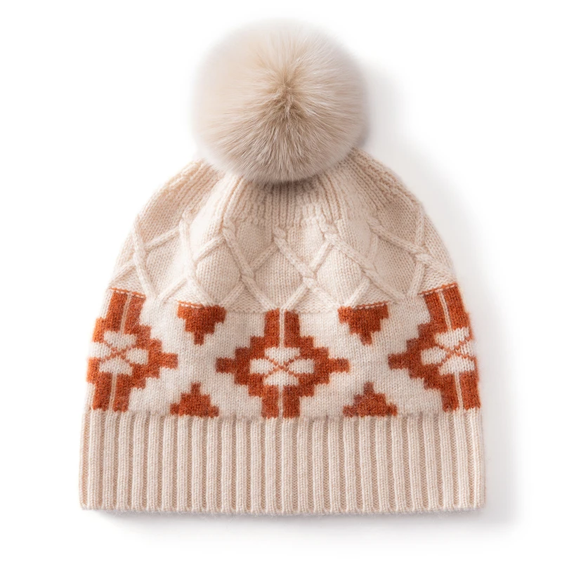 KOIJINSKY Nordic Fair Isle Jacquard Knit Beanie Hat Women Large Fluffy Fur Pom Pom Cashmere Feel Warm Winter Hat Ethnic Geometri