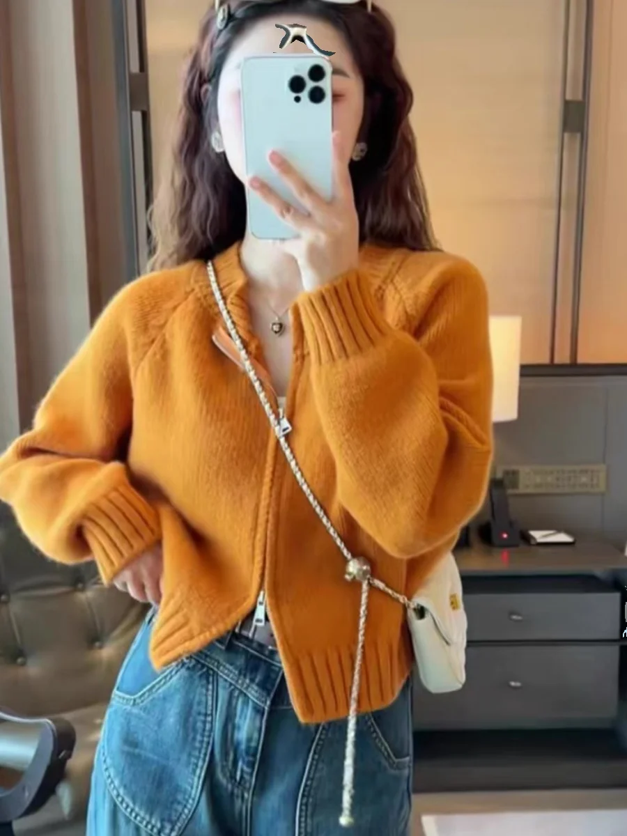 

Trendy Orange Zipper Knit Sweater Coat for Women Loose Lazy Sle Oversize V-Ne Long Sve Commute Faion Korean Version