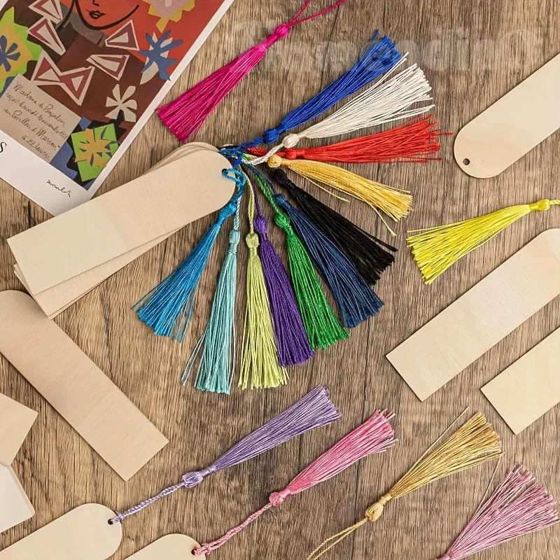 New 20pcs DIY Wooden Bookmark Kit Unfinished Wood Craft Bookmarks with Laser Cut Hooks Square Tags And 12 Tassels Random Color
