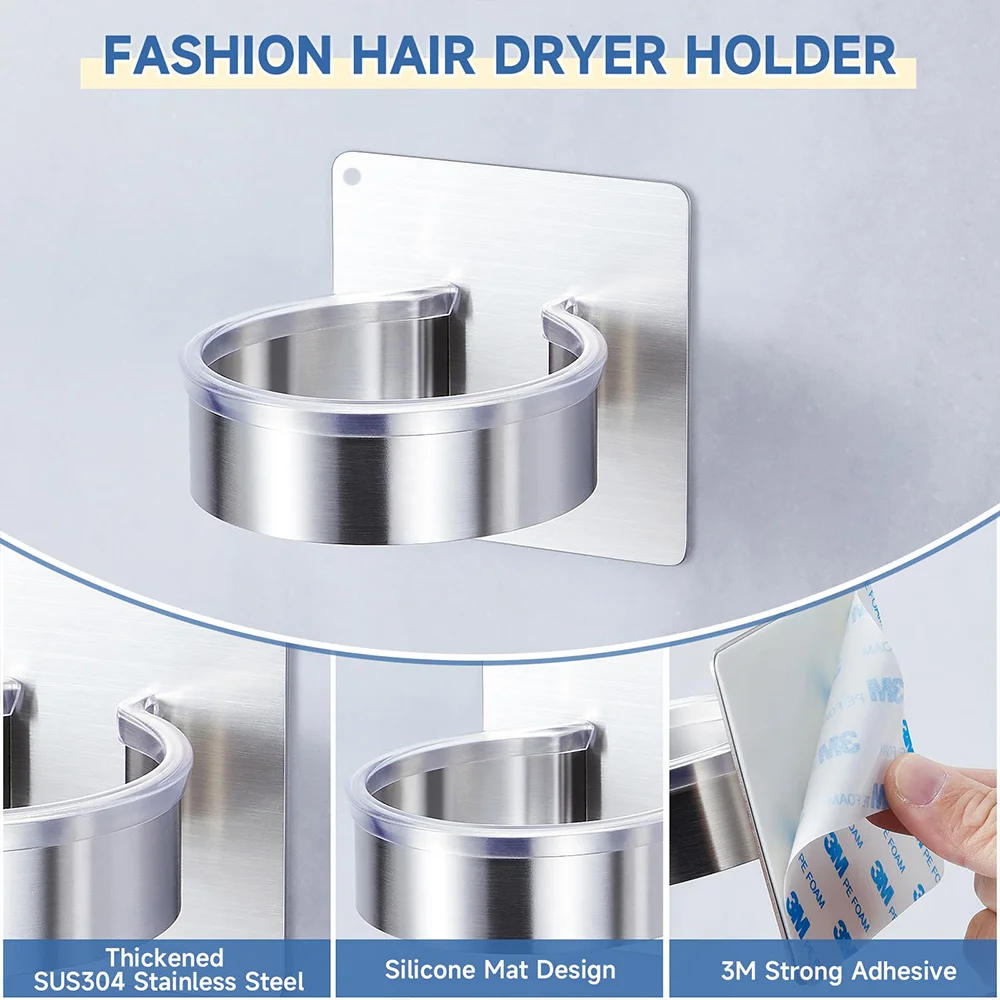 Black/Silver Aluminum Wall Mounted Self-Adhesive Hair Dryer Rack Bathroom Hair Straightener Storage Holder Hair Tool Organizer