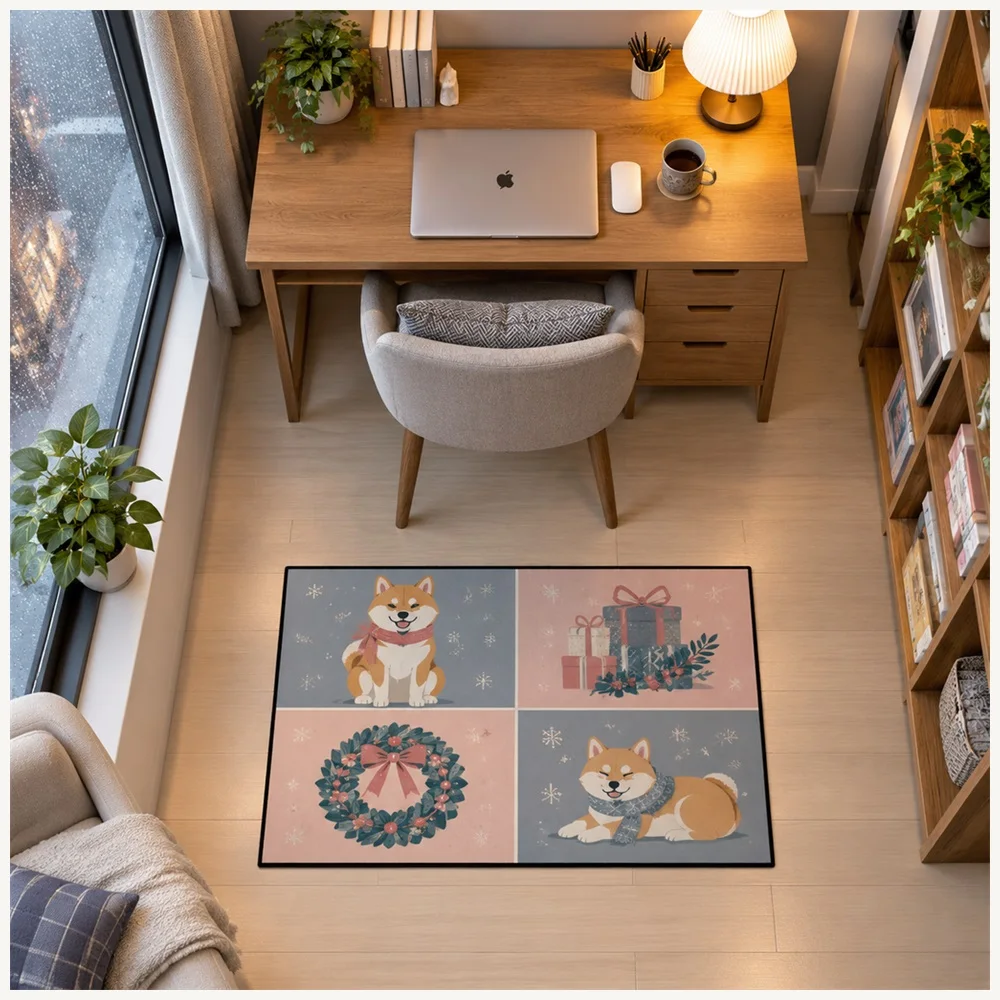 VIKAMA Cute Animal Grey Pink Blue Shiba Inu Flannel Door Mat, Non-Slip Washable Door Mat, Home Decor for Living Room, Boot Room