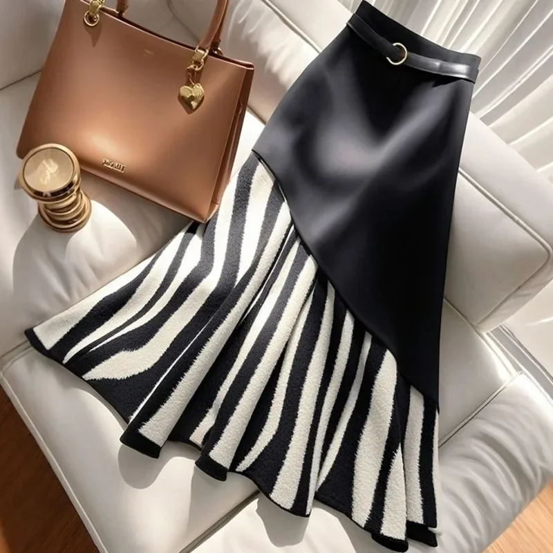 تصميم غير منتظم حزام ملفوفة الورك سليم حورية البحر تنورة المرأة 2025 ربيع جديد المد مخطط المرقعة نصف تنورة طويلة