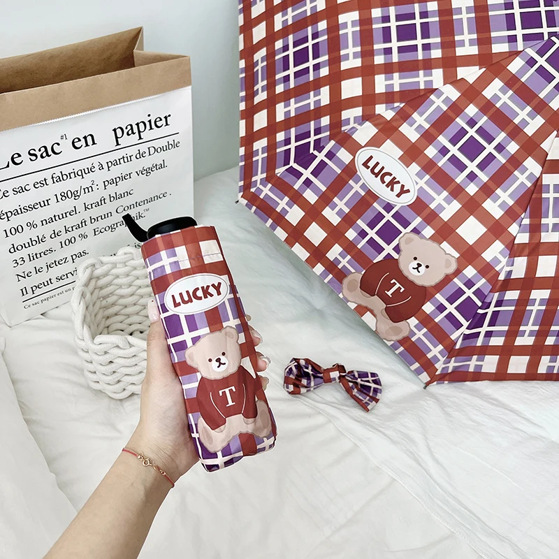 

Винтажный клетчатый медведь, черный клей, зонтик от солнца, автоматическая компактная портативная защита от ультрафиолета для женщин