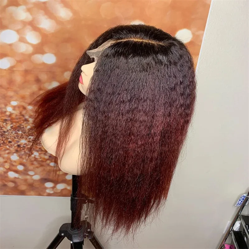 Peluca frontal de encaje Yaki para mujeres negras, pelo de bebé prearrancado sin pegamento, suave, 180de densidad, 26 "de largo, ombré, 99j, Borgoña, liso, vino