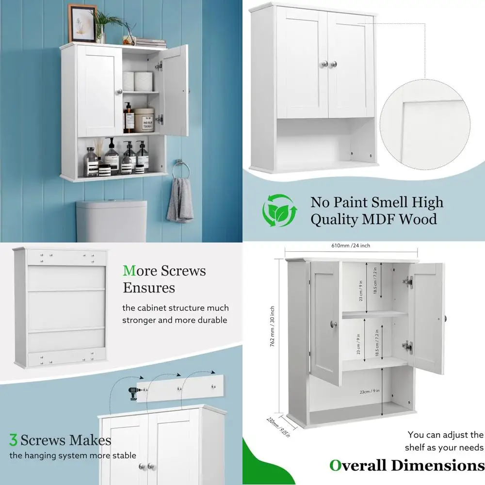 

White Wooden Wall-Mounted Bathroom Cabinet, 24x30 Inches, Over-the-Toilet Storage