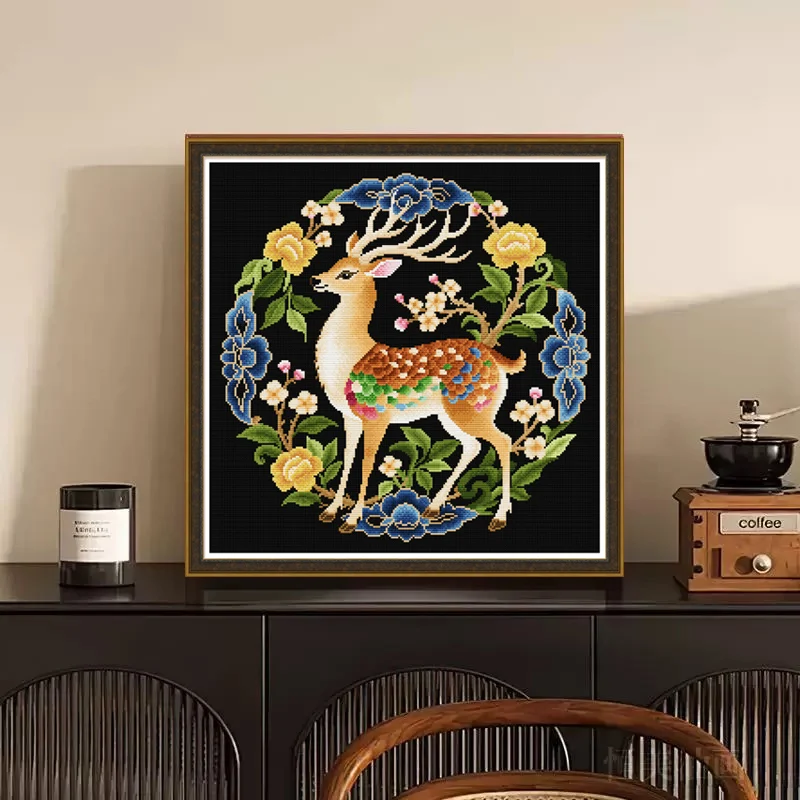 

Весенняя вышивка крестом 2026: Новая декоративная картина ручной работы с оленем и цветами сливы для гостиной и прихожей, хлопковая ткань