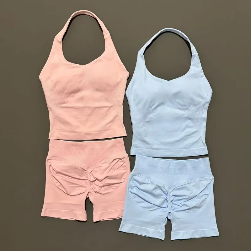 2 Pieces Shorts Yoga Set Women Backless Halter Tops High Waist Seamless Shorts Gym Suit Fitness Sportswear Workout Sets image 6