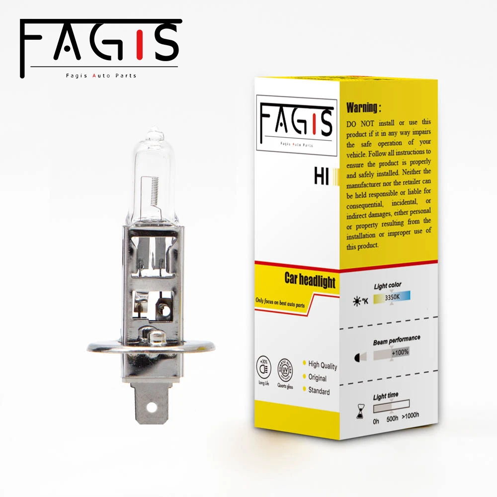 Fagis 2Pcs High Quality H1 12V 55W 3350K Warm White Clear Quartz Glass Car Lights Headlight Auto Halogen Bulbs High Beam Lamps