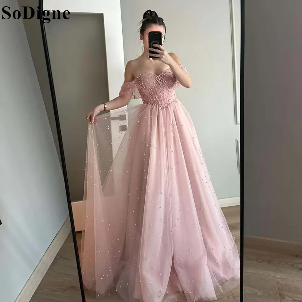 

SoDigne Elegant Pink Beading Tulle Evening Dresses A-Line Off Shoulder Pleated Princess Party Dress Formal Prom Gowns Customized