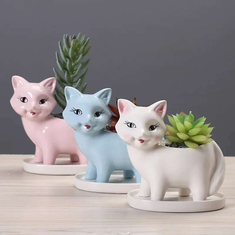 Cute Cat Tail Flowerpot Cartoon Animal Ceramic Vase Personality Creative Cactus Succulent Plant Poted Desktop Garden Decoration