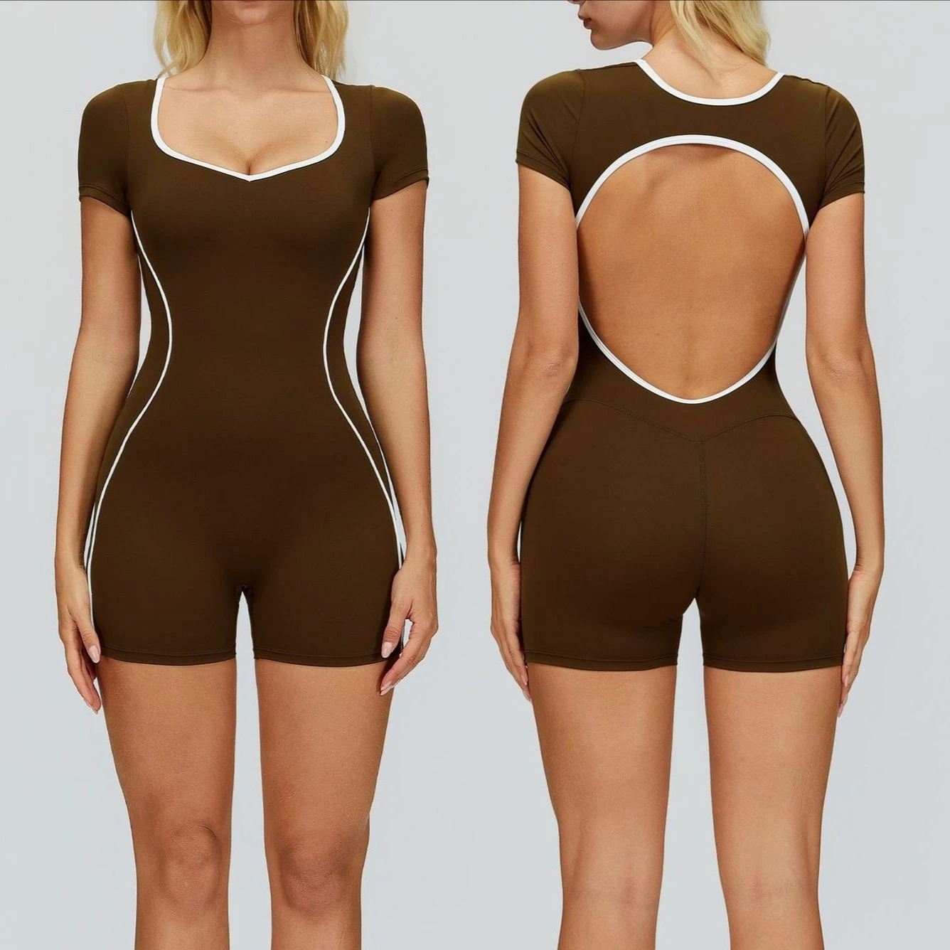 

One Piece Backless Sport Jumpsuit Yoga Set Workout Clothes for Women Gym Bodysuit Contrast Color Tracksuit Shorts Jumpsuits