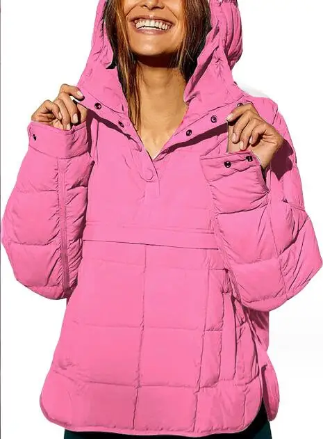 

Autumn Winter Solid Color Hooded Cotton Padded Jacket Can Foldable Loose Cape Style Large Pocket Parkas For Women