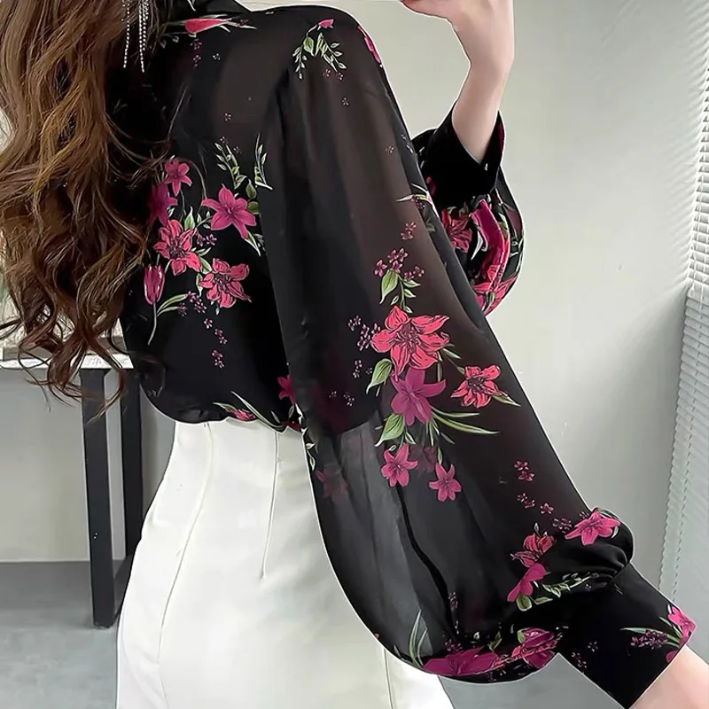 Women\'s Clothing Vintage Fashion Lantern Sleeve Chiffon Shirts Spring Summer Loose Polo-neck Button Thin Blouse Chic Print Tops