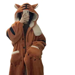 Kawaii Tiger Animal Nightgown Women Winter Warm Bathrobe Sleepwear Anime Cosplay Pajamas Cute Cartoon Homewear Long Nightdress