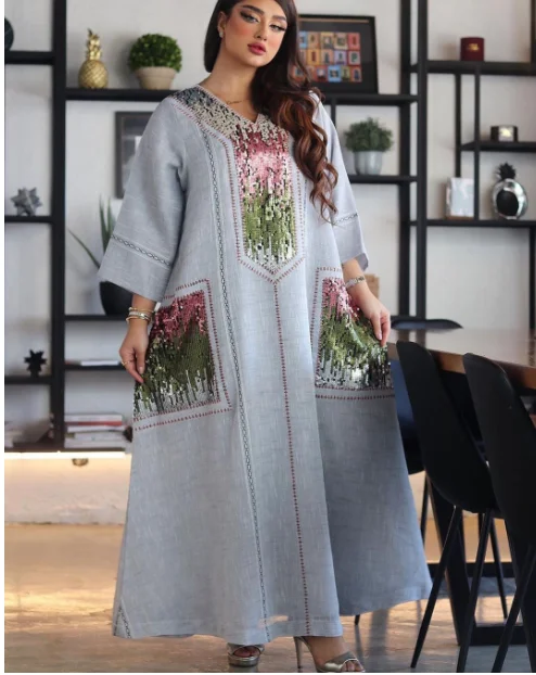 White Sequins Embroidery Abaya Dress For Women Moroccan Dubai Turkey Arabic Jalabiya Muslim Party Evening Clothes Eid