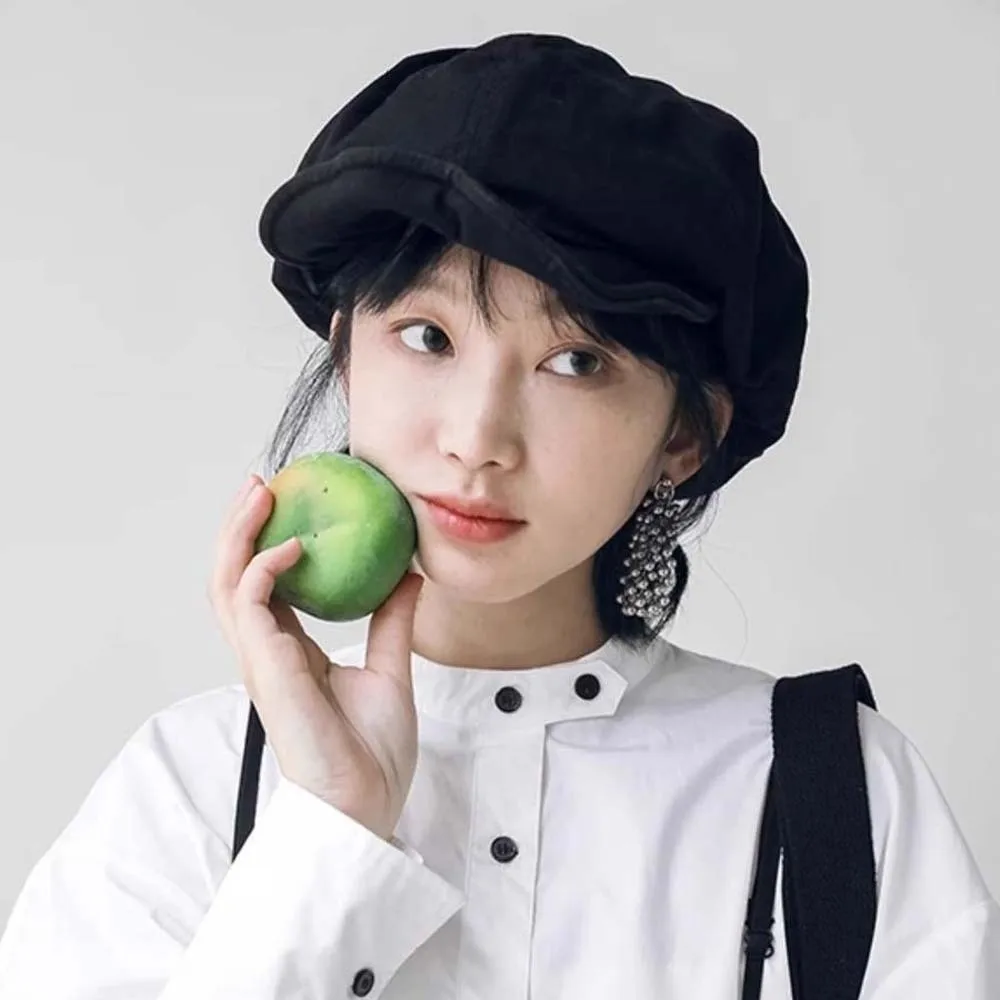 

Asymmetric Cloud Beret Cap Big Head Circumference Street Style Retro Octagonal Hat Solid Color Polyester Women Artist Hat Autumn