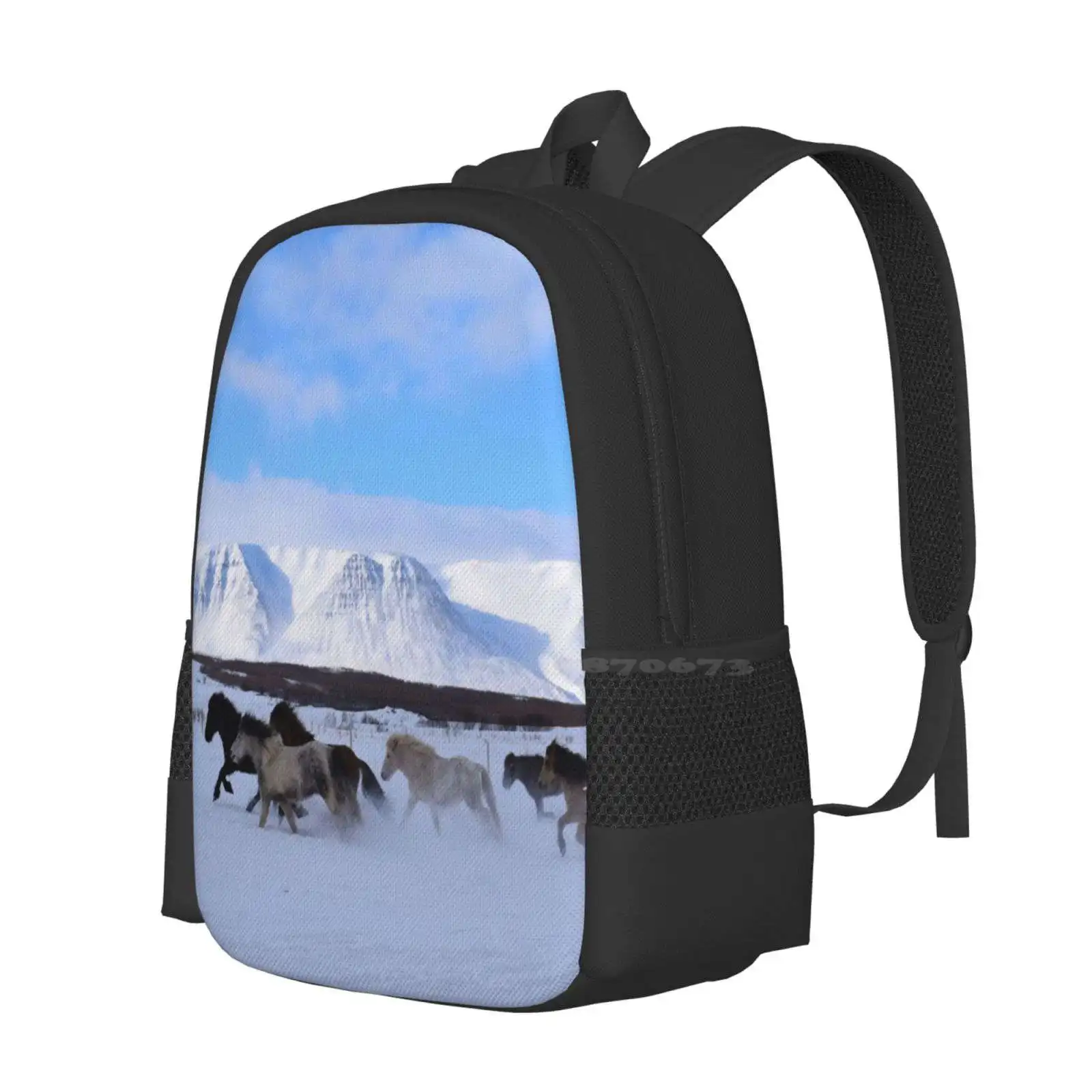 Icelandic Horses Running In The Snow Teen College Student Backpack Pattern Design Bags Snow Winter Cold Icelandic Horses Gallop