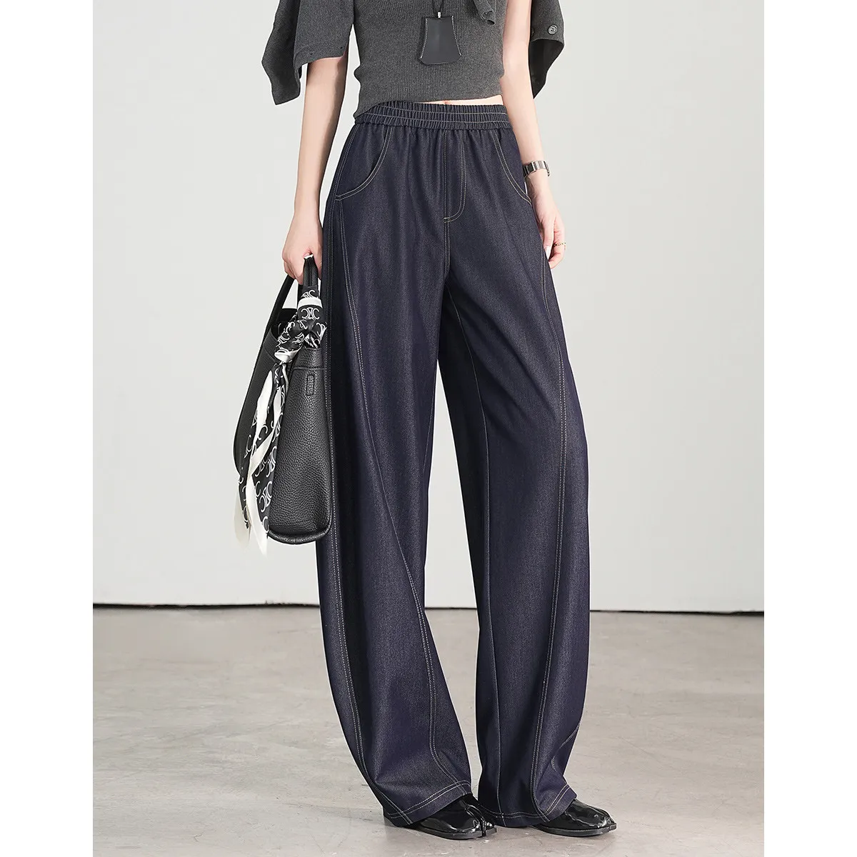 

LOUIS YAO Women's Jeans 2025 Spring Contrasting Lines Pants Curved Design Elastic Waistband Pants Long Length Women's Pants
