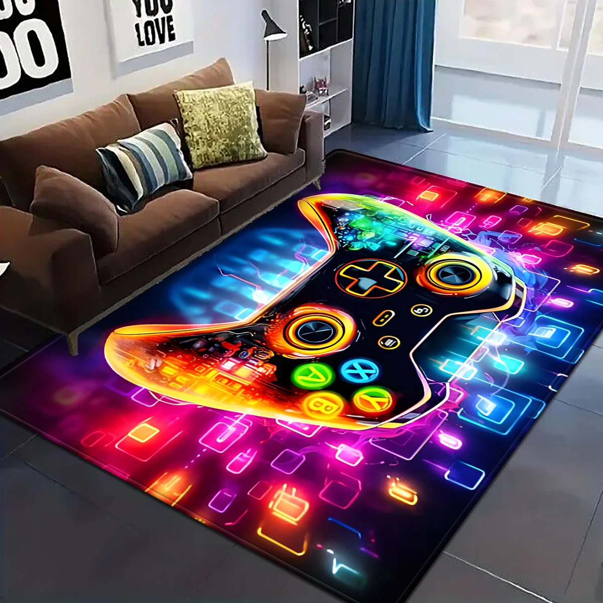 Colorful Black Controller Print Square Area Rug – Large Indoor Carpet for Bedroom Living Room Decor