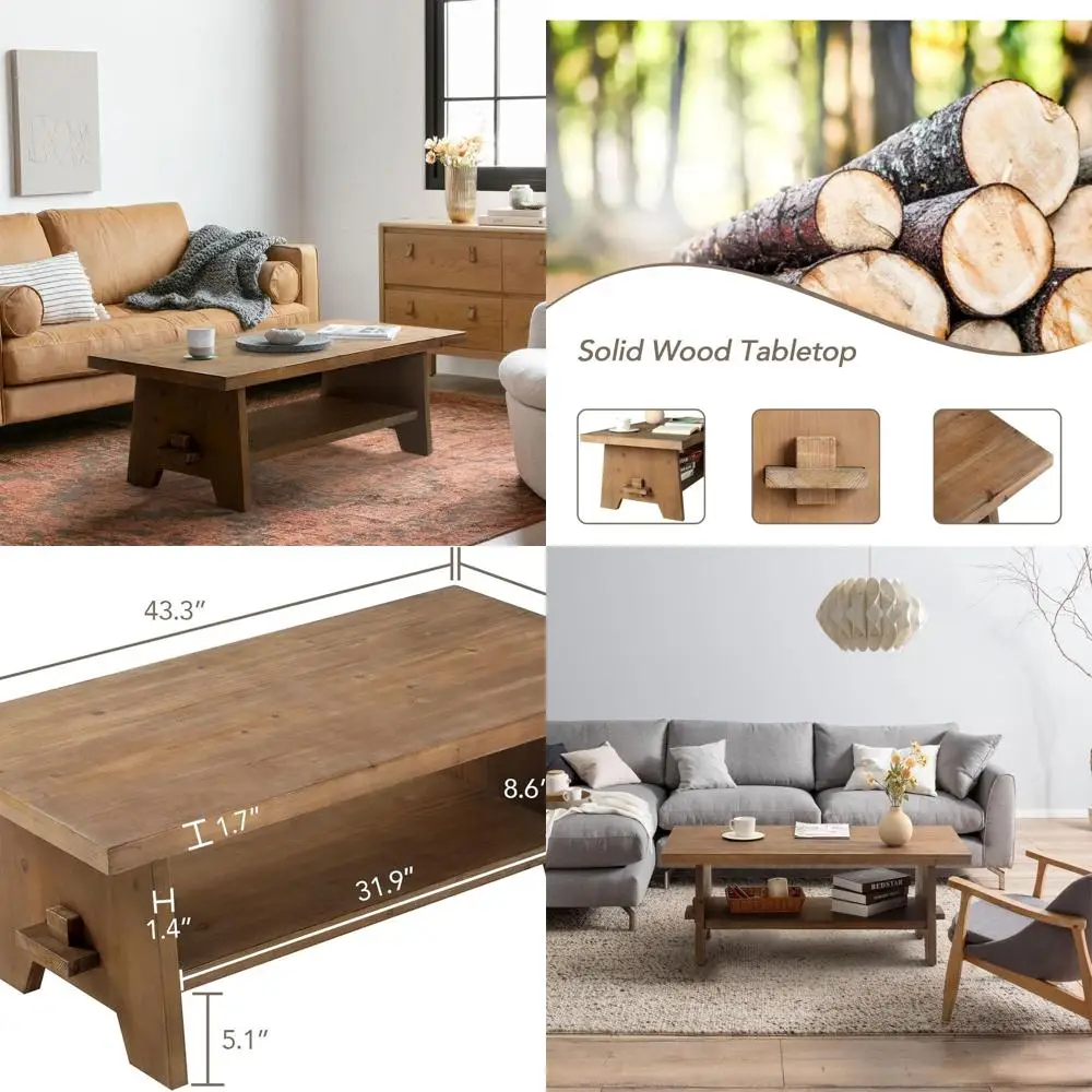 Mid Century Modern 43.4 Solid Fir Rectangle Coffee Table for Living Room in Brown