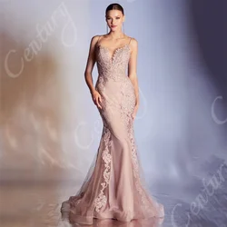 Sexy V Neck Evening Dresses Tulle Lace Applique Customized Prom Dresses Mermaid Formal Occasion Wedding Party Gown Robe Soiree