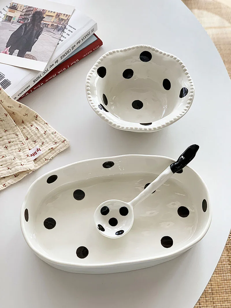 Japanese Polka Dot Tableware Set Handmade Ceramic Oatmeal Yogurt Bowl Oval Plate Spoon Fruit Salad Platter Bread Snack Tray