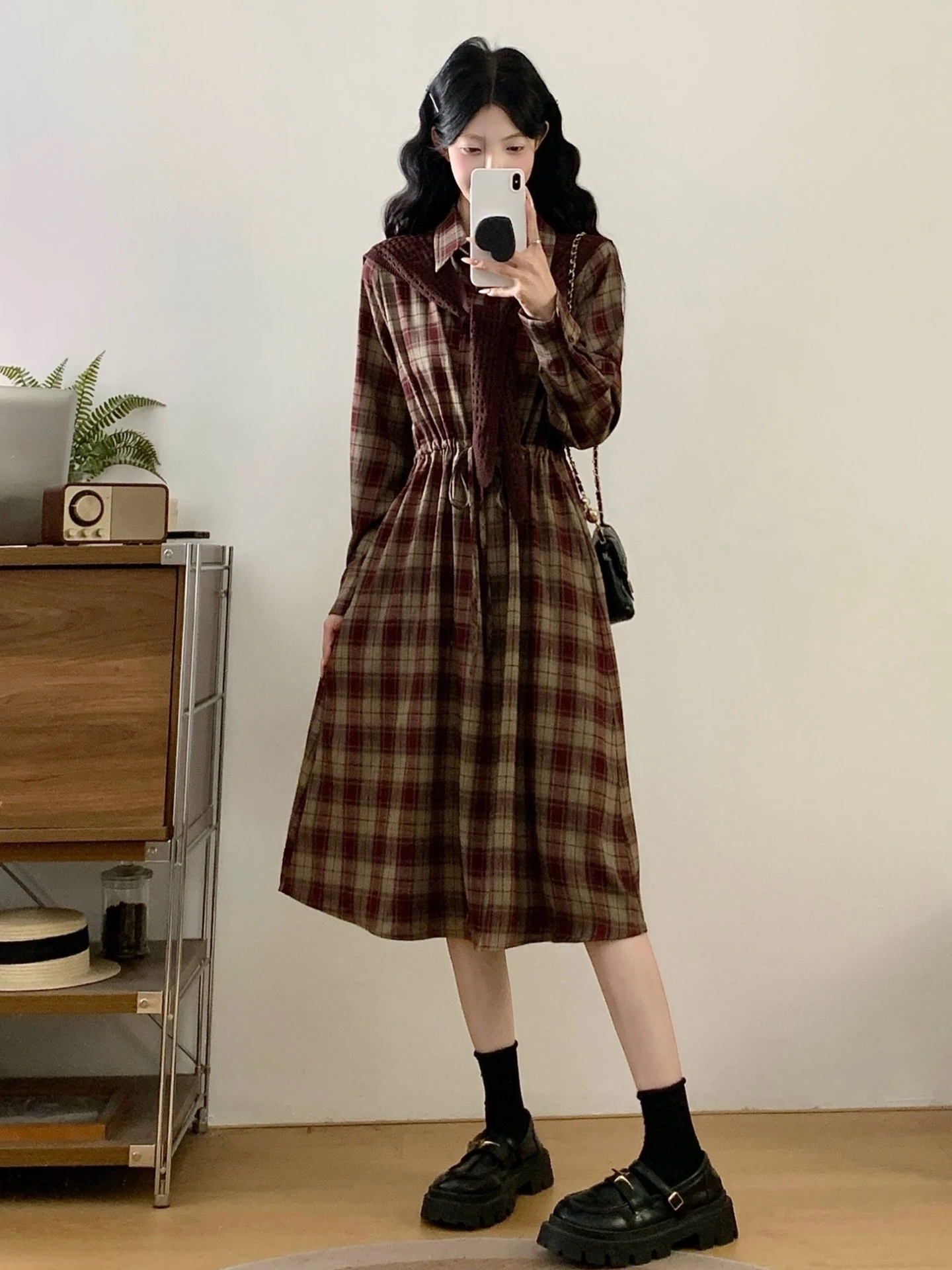 Plaid Shirt Dress Women's Spring Autumn plus Size Slimming Waist Cinched A-Line Midi Skirt with Shawl Korean Style Commute