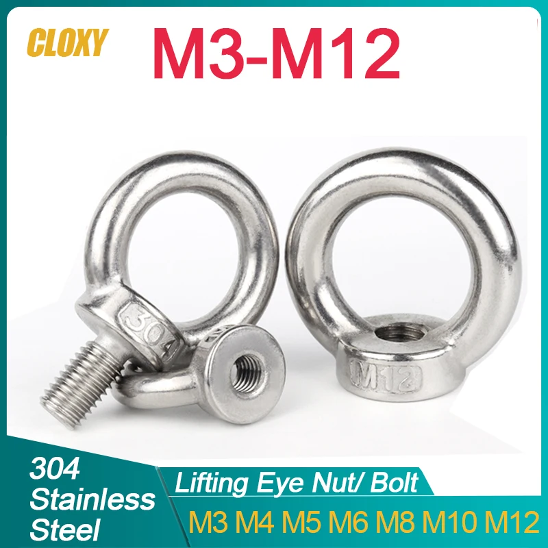 304 Stainless Steel Lifting Eye Nuts/  Screw Ring Eyebolt Ring Hooking Nut Screws M3 M4 M5 M6 M8 M10 M12