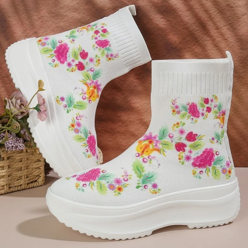 Ladies Shoes 2023 Fashion Sleeve Women's Boots Autumn Round Toe Mixed Colors Shoes Ladies Short Barrel Platform Elastic Boots
